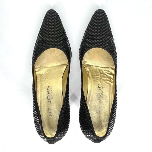 St. John Black Satin Paillettes Made in Italy Pointed Toe Narrow Heel Pumps 7B - Picture 6 of 13